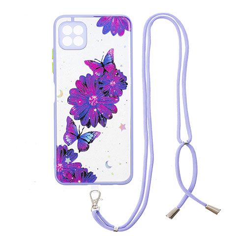 Handyhülle Silikon Hülle Gummi Schutzhülle Flexible Modisch Muster mit Schlüsselband Lanyard Y01X für Samsung Galaxy A22s 5G Violett