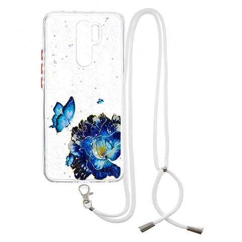 Handyhülle Silikon Hülle Gummi Schutzhülle Flexible Modisch Muster mit Schlüsselband Lanyard Y01X für Xiaomi Redmi 9 Prime India Blau