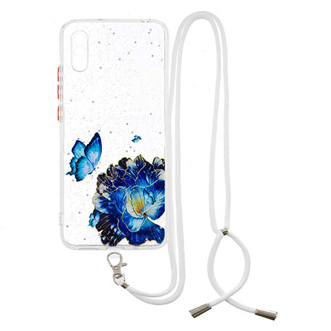 Handyhülle Silikon Hülle Gummi Schutzhülle Flexible Modisch Muster mit Schlüsselband Lanyard Y01X für Xiaomi Redmi 9A Blau