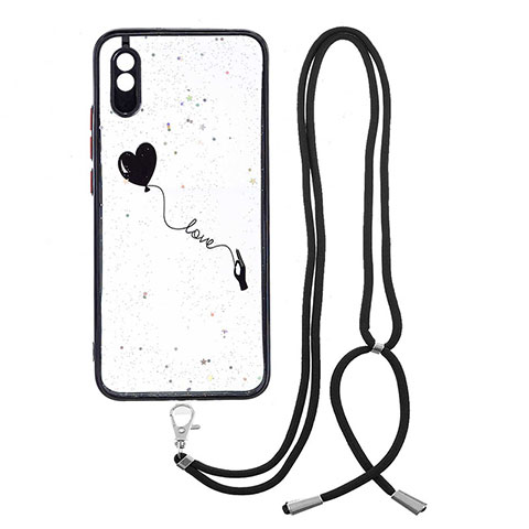 Handyhülle Silikon Hülle Gummi Schutzhülle Flexible Modisch Muster mit Schlüsselband Lanyard Y01X für Xiaomi Redmi 9A Schwarz