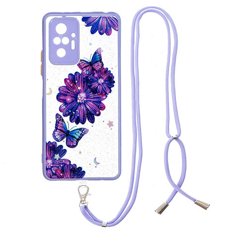 Handyhülle Silikon Hülle Gummi Schutzhülle Flexible Modisch Muster mit Schlüsselband Lanyard Y01X für Xiaomi Redmi Note 10 Pro 4G Violett