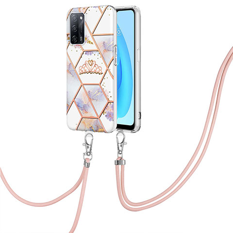 Handyhülle Silikon Hülle Gummi Schutzhülle Flexible Modisch Muster mit Schlüsselband Lanyard Y02B für Oppo A53s 5G Grau