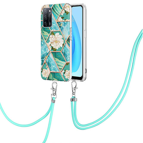 Handyhülle Silikon Hülle Gummi Schutzhülle Flexible Modisch Muster mit Schlüsselband Lanyard Y02B für Oppo A53s 5G Grün