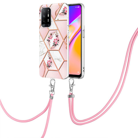 Handyhülle Silikon Hülle Gummi Schutzhülle Flexible Modisch Muster mit Schlüsselband Lanyard Y02B für Oppo A94 5G Rosa