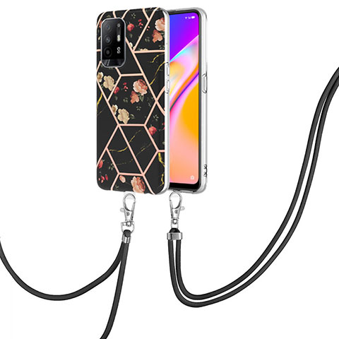 Handyhülle Silikon Hülle Gummi Schutzhülle Flexible Modisch Muster mit Schlüsselband Lanyard Y02B für Oppo A94 5G Schwarz