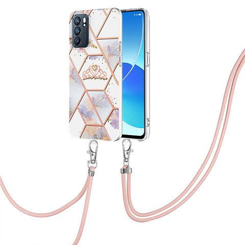 Handyhülle Silikon Hülle Gummi Schutzhülle Flexible Modisch Muster mit Schlüsselband Lanyard Y02B für Oppo Reno6 5G Grau