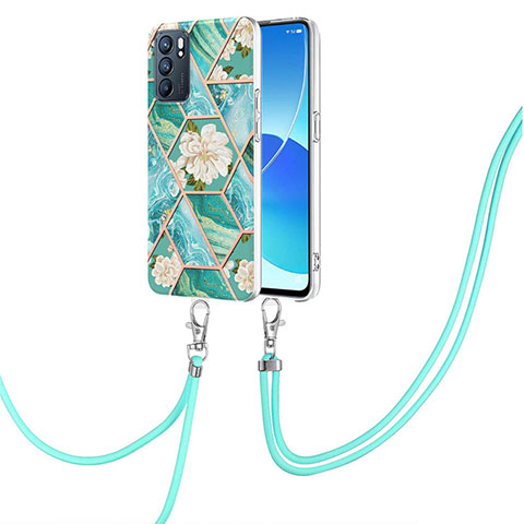 Handyhülle Silikon Hülle Gummi Schutzhülle Flexible Modisch Muster mit Schlüsselband Lanyard Y02B für Oppo Reno6 5G Grün