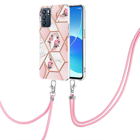 Handyhülle Silikon Hülle Gummi Schutzhülle Flexible Modisch Muster mit Schlüsselband Lanyard Y02B für Oppo Reno6 5G Rosa