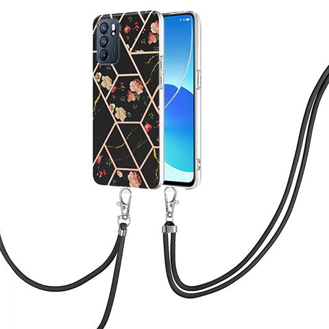 Handyhülle Silikon Hülle Gummi Schutzhülle Flexible Modisch Muster mit Schlüsselband Lanyard Y02B für Oppo Reno6 5G Schwarz