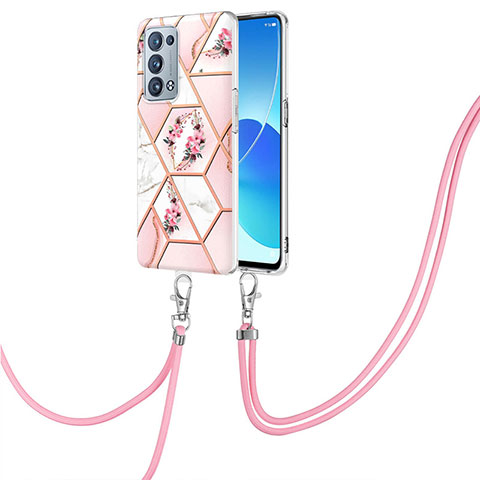 Handyhülle Silikon Hülle Gummi Schutzhülle Flexible Modisch Muster mit Schlüsselband Lanyard Y02B für Oppo Reno6 Pro 5G Rosa