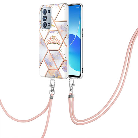 Handyhülle Silikon Hülle Gummi Schutzhülle Flexible Modisch Muster mit Schlüsselband Lanyard Y02B für Oppo Reno6 Pro+ Plus 5G Grau