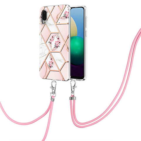 Handyhülle Silikon Hülle Gummi Schutzhülle Flexible Modisch Muster mit Schlüsselband Lanyard Y02B für Samsung Galaxy A02 Rosa