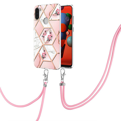 Handyhülle Silikon Hülle Gummi Schutzhülle Flexible Modisch Muster mit Schlüsselband Lanyard Y02B für Samsung Galaxy A11 Rosa