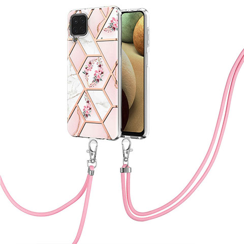 Handyhülle Silikon Hülle Gummi Schutzhülle Flexible Modisch Muster mit Schlüsselband Lanyard Y02B für Samsung Galaxy A12 Rosa