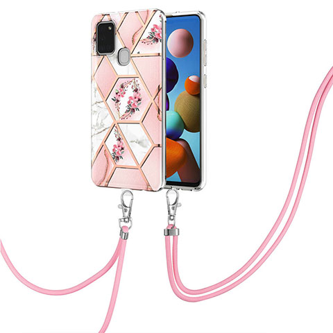 Handyhülle Silikon Hülle Gummi Schutzhülle Flexible Modisch Muster mit Schlüsselband Lanyard Y02B für Samsung Galaxy A21s Rosa