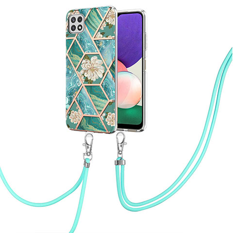 Handyhülle Silikon Hülle Gummi Schutzhülle Flexible Modisch Muster mit Schlüsselband Lanyard Y02B für Samsung Galaxy A22 5G Grün