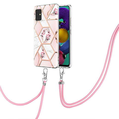 Handyhülle Silikon Hülle Gummi Schutzhülle Flexible Modisch Muster mit Schlüsselband Lanyard Y02B für Samsung Galaxy A51 4G Rosa