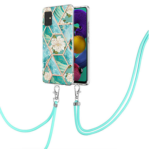 Handyhülle Silikon Hülle Gummi Schutzhülle Flexible Modisch Muster mit Schlüsselband Lanyard Y02B für Samsung Galaxy A51 5G Grün