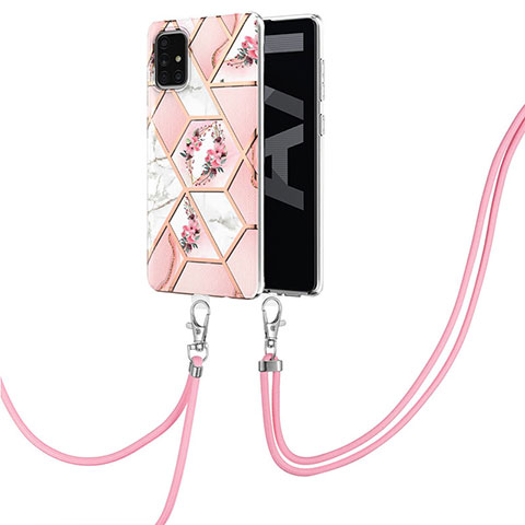 Handyhülle Silikon Hülle Gummi Schutzhülle Flexible Modisch Muster mit Schlüsselband Lanyard Y02B für Samsung Galaxy A71 5G Rosa