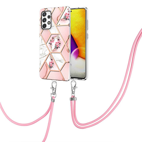 Handyhülle Silikon Hülle Gummi Schutzhülle Flexible Modisch Muster mit Schlüsselband Lanyard Y02B für Samsung Galaxy A72 4G Rosa