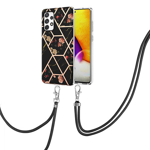 Handyhülle Silikon Hülle Gummi Schutzhülle Flexible Modisch Muster mit Schlüsselband Lanyard Y02B für Samsung Galaxy A72 4G Schwarz