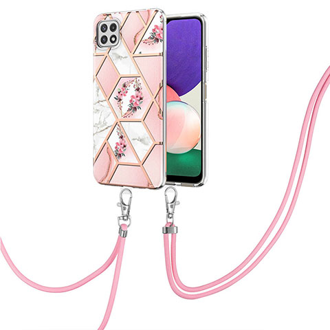 Handyhülle Silikon Hülle Gummi Schutzhülle Flexible Modisch Muster mit Schlüsselband Lanyard Y02B für Samsung Galaxy F42 5G Rosa