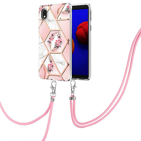 Handyhülle Silikon Hülle Gummi Schutzhülle Flexible Modisch Muster mit Schlüsselband Lanyard Y02B für Samsung Galaxy M01 Core Rosa