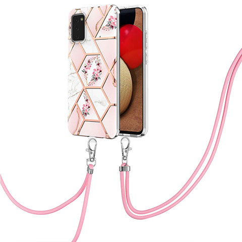 Handyhülle Silikon Hülle Gummi Schutzhülle Flexible Modisch Muster mit Schlüsselband Lanyard Y02B für Samsung Galaxy M02s Rosa