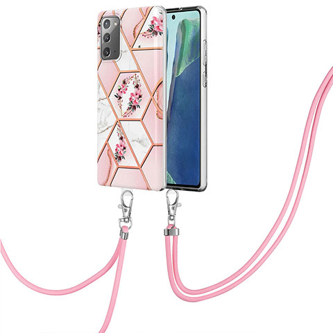 Handyhülle Silikon Hülle Gummi Schutzhülle Flexible Modisch Muster mit Schlüsselband Lanyard Y02B für Samsung Galaxy Note 20 5G Rosa