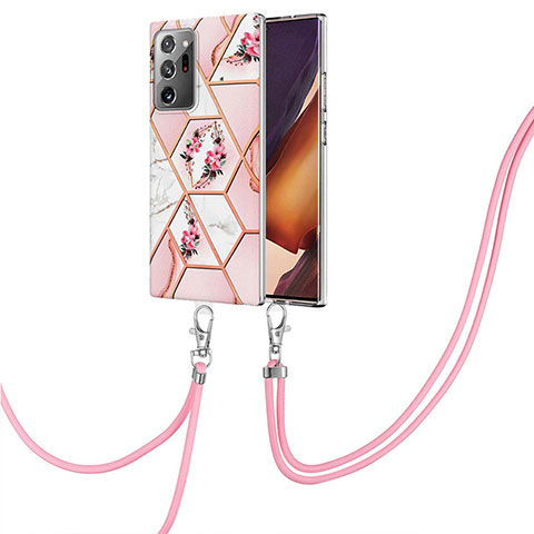 Handyhülle Silikon Hülle Gummi Schutzhülle Flexible Modisch Muster mit Schlüsselband Lanyard Y02B für Samsung Galaxy Note 20 Ultra 5G Rosa