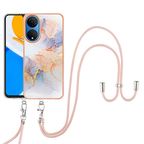 Handyhülle Silikon Hülle Gummi Schutzhülle Flexible Modisch Muster mit Schlüsselband Lanyard Y03B für Huawei Honor X7 Helles Lila