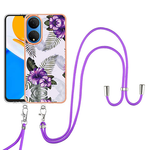 Handyhülle Silikon Hülle Gummi Schutzhülle Flexible Modisch Muster mit Schlüsselband Lanyard Y03B für Huawei Honor X7 Violett