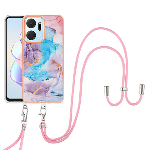 Handyhülle Silikon Hülle Gummi Schutzhülle Flexible Modisch Muster mit Schlüsselband Lanyard Y03B für Huawei Honor X7a Blau