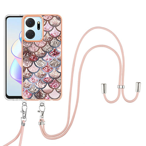 Handyhülle Silikon Hülle Gummi Schutzhülle Flexible Modisch Muster mit Schlüsselband Lanyard Y03B für Huawei Honor X7a Braun