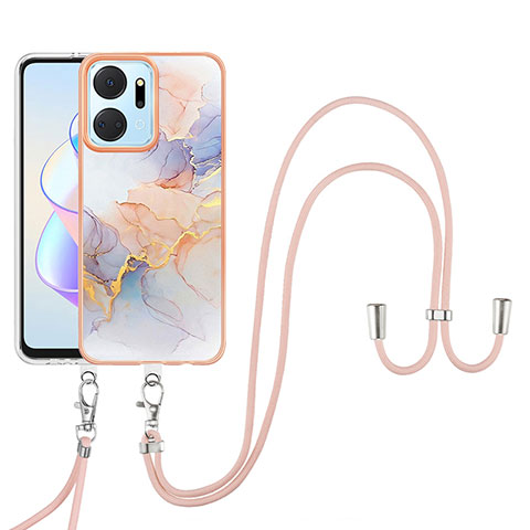 Handyhülle Silikon Hülle Gummi Schutzhülle Flexible Modisch Muster mit Schlüsselband Lanyard Y03B für Huawei Honor X7a Helles Lila