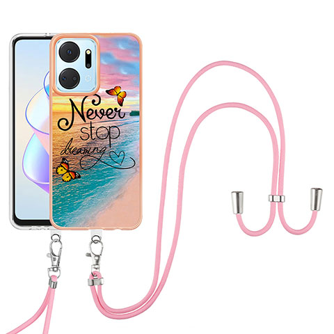 Handyhülle Silikon Hülle Gummi Schutzhülle Flexible Modisch Muster mit Schlüsselband Lanyard Y03B für Huawei Honor X7a Plusfarbig