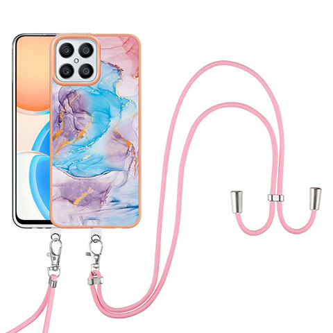 Handyhülle Silikon Hülle Gummi Schutzhülle Flexible Modisch Muster mit Schlüsselband Lanyard Y03B für Huawei Honor X8 4G Blau