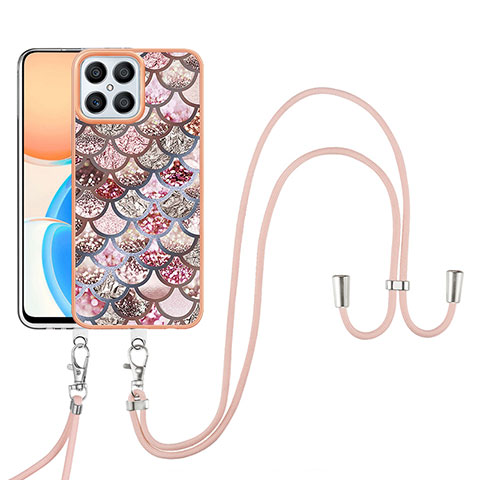 Handyhülle Silikon Hülle Gummi Schutzhülle Flexible Modisch Muster mit Schlüsselband Lanyard Y03B für Huawei Honor X8 4G Braun