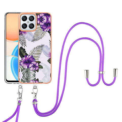 Handyhülle Silikon Hülle Gummi Schutzhülle Flexible Modisch Muster mit Schlüsselband Lanyard Y03B für Huawei Honor X8 4G Violett