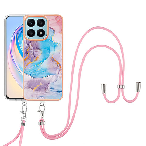 Handyhülle Silikon Hülle Gummi Schutzhülle Flexible Modisch Muster mit Schlüsselband Lanyard Y03B für Huawei Honor X8a 4G Blau