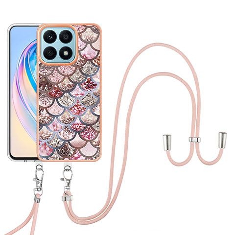 Handyhülle Silikon Hülle Gummi Schutzhülle Flexible Modisch Muster mit Schlüsselband Lanyard Y03B für Huawei Honor X8a 4G Braun