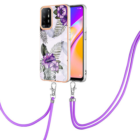 Handyhülle Silikon Hülle Gummi Schutzhülle Flexible Modisch Muster mit Schlüsselband Lanyard Y03B für Oppo A95 5G Violett