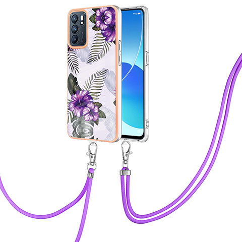 Handyhülle Silikon Hülle Gummi Schutzhülle Flexible Modisch Muster mit Schlüsselband Lanyard Y03B für Oppo Reno6 5G Violett