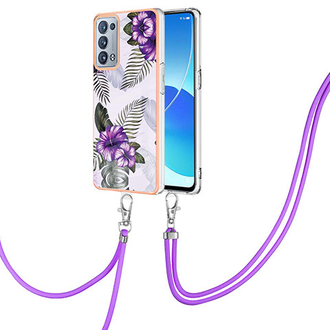 Handyhülle Silikon Hülle Gummi Schutzhülle Flexible Modisch Muster mit Schlüsselband Lanyard Y03B für Oppo Reno6 Pro 5G Violett