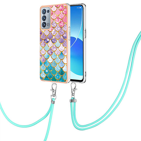 Handyhülle Silikon Hülle Gummi Schutzhülle Flexible Modisch Muster mit Schlüsselband Lanyard Y03B für Oppo Reno6 Pro+ Plus 5G Bunt