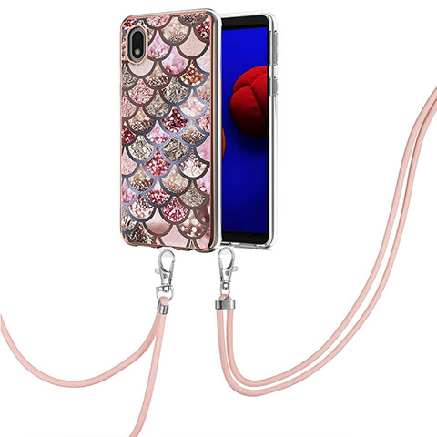 Handyhülle Silikon Hülle Gummi Schutzhülle Flexible Modisch Muster mit Schlüsselband Lanyard Y03B für Samsung Galaxy A01 Core Braun