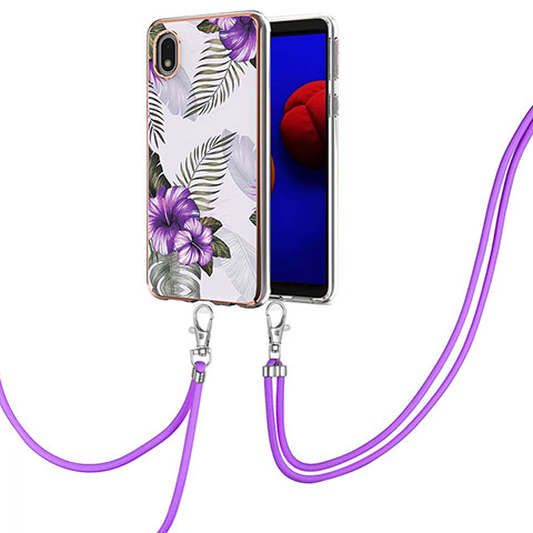 Handyhülle Silikon Hülle Gummi Schutzhülle Flexible Modisch Muster mit Schlüsselband Lanyard Y03B für Samsung Galaxy A01 Core Violett