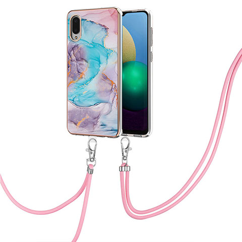 Handyhülle Silikon Hülle Gummi Schutzhülle Flexible Modisch Muster mit Schlüsselband Lanyard Y03B für Samsung Galaxy A02 Blau