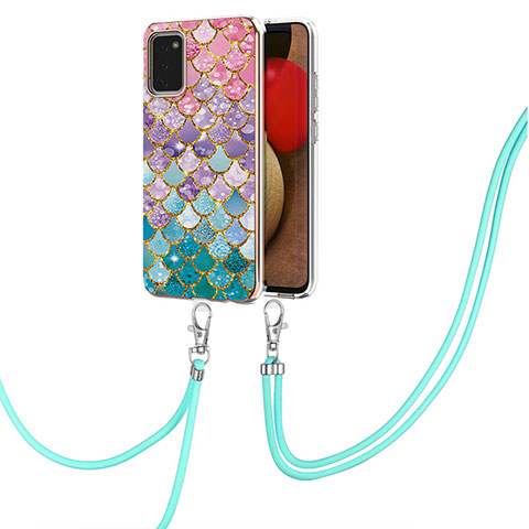 Handyhülle Silikon Hülle Gummi Schutzhülle Flexible Modisch Muster mit Schlüsselband Lanyard Y03B für Samsung Galaxy A02s Bunt