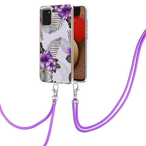 Handyhülle Silikon Hülle Gummi Schutzhülle Flexible Modisch Muster mit Schlüsselband Lanyard Y03B für Samsung Galaxy A02s Violett